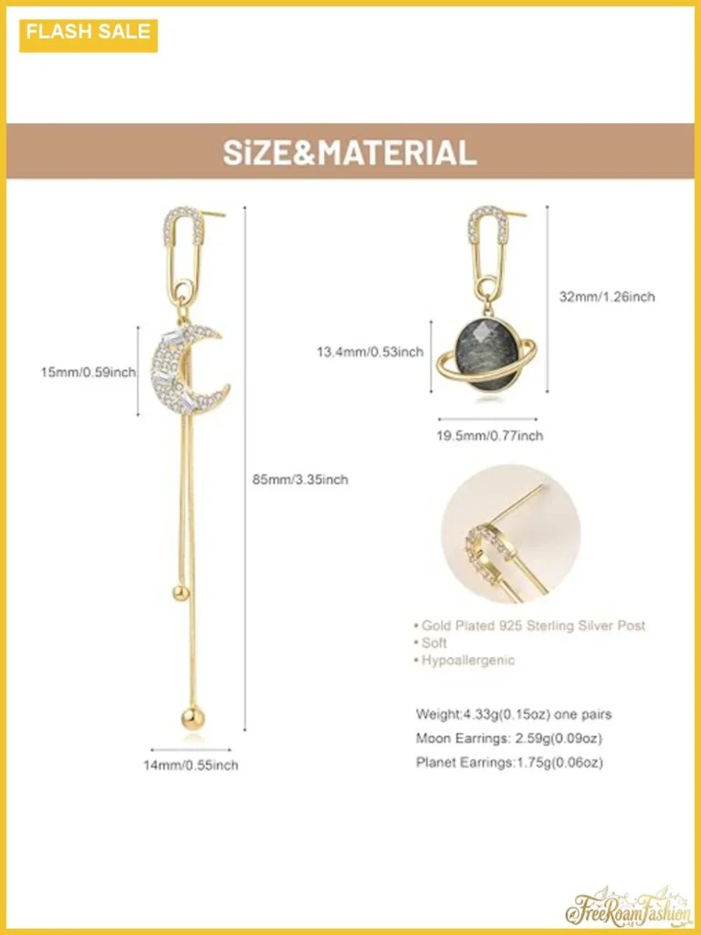 Celestial Asymmetrical Moon Star Saturn Dangle Drop Earrings 925 Silver Posts